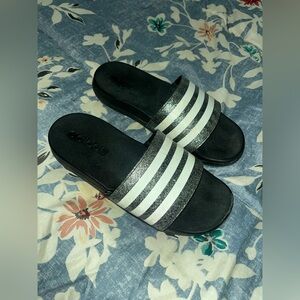 Adidas Girls Black and White shimmery Slide Sandals
